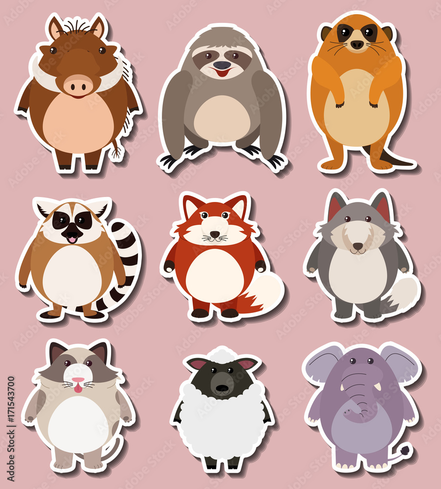 Sticker design for wild animals Stock Vector | Adobe Stock