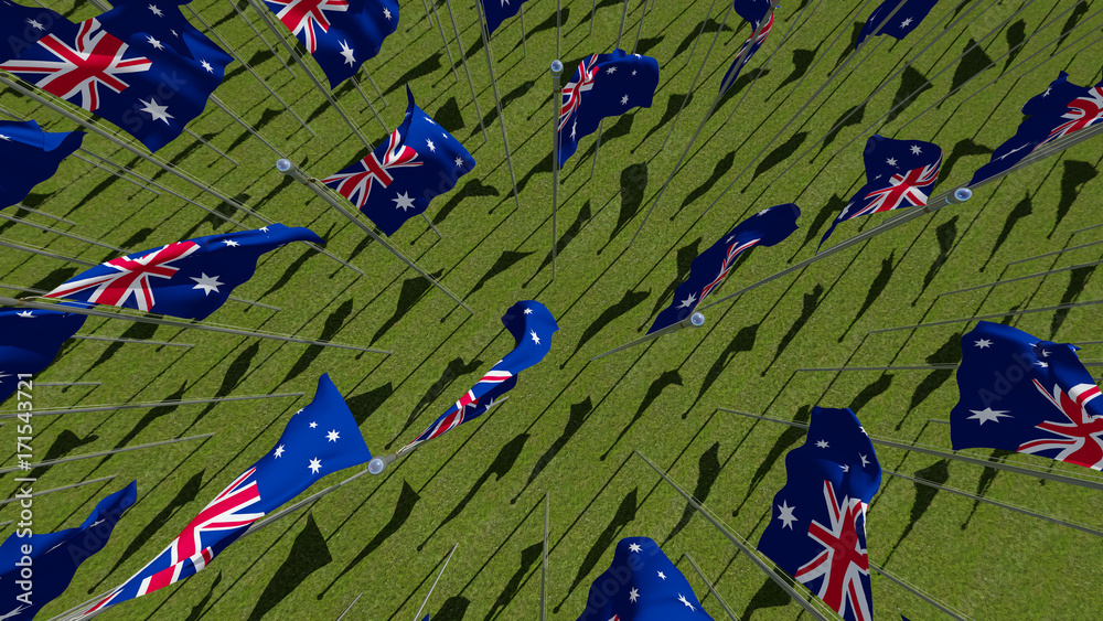 Flags of Australia in green field. View from above. 3D rendering illustration.