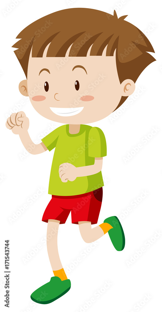 Happy boy in green shirt and red shorts