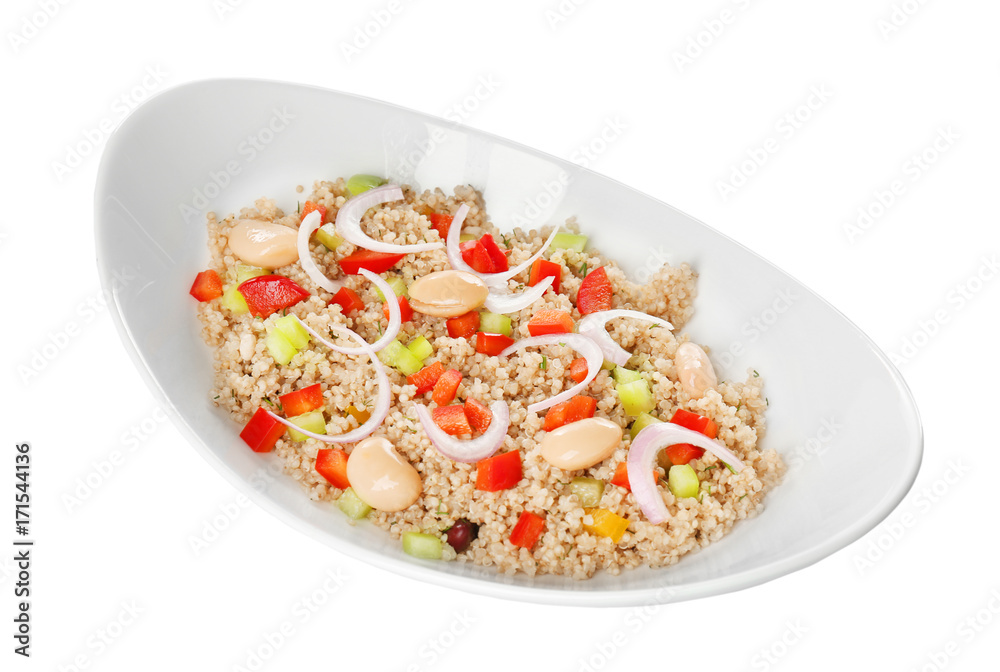 Salad with quinoa, beans and onion in ceramic bowl, isolated on white Salad with quinoa, beans and onion in ceramic bowl, isolated on white