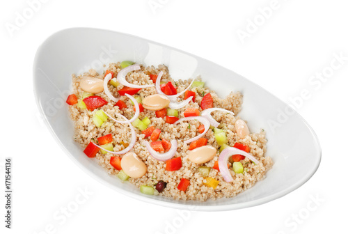Salad with quinoa, beans and onion in ceramic bowl, isolated on white