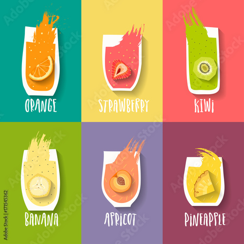 Vector collection of hand-drawn orange, strawberry, kiwi, banana, peach and pineapple  juices with blots and lettering on colorful background.