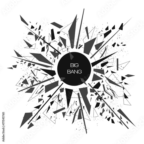 Abstract modern vector explosion banner. Black triangles, polygons, lines, points, Big bang concept.