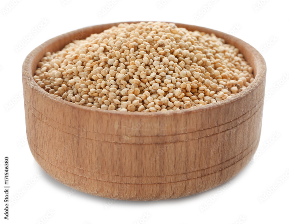 Quinoa in wooden bowl isolated on white Quinoa in wooden bowl isolated on white