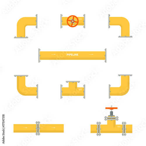 Kit set of pipelines. Isolated yellow elements of the pipeline. Gas and oil industry.