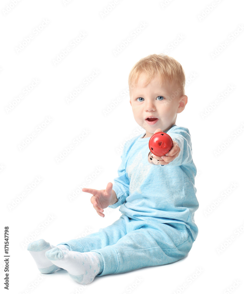 Cute little baby with jingle bell on white background. Christmas concept Cute little baby with jingle bell on white background. Christmas concept