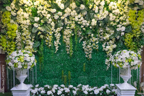 Beautiful artificial flowers arrangement for backdrop wedding ceremony or wedding scene