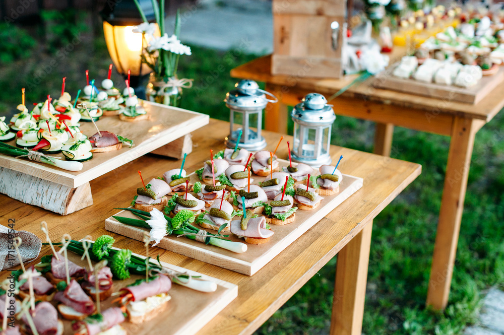 Delicious catering banquet buffet table decorated in rustic style in the garden. Different snacks, sandwiches. Outdoor.