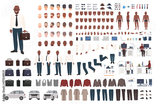 Businessman or office worker creation kit. Collection of flat male cartoon character body parts, facial gestures, smart clothing and accessories isolated on white background. Vector illustration.