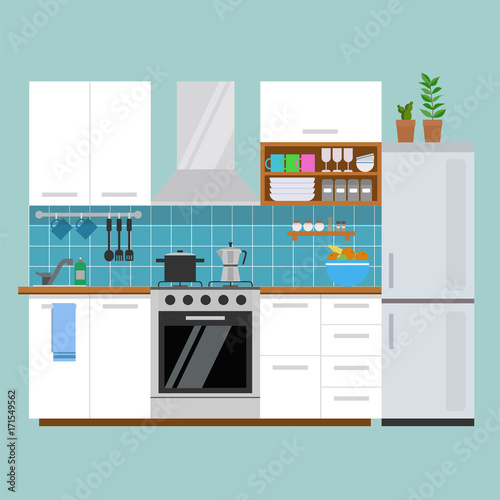 Modern cozy white  kitchen interior, flat style, vector graphic design template
