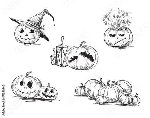 Scary carved Halloween pumpkins. Hand drawn.
