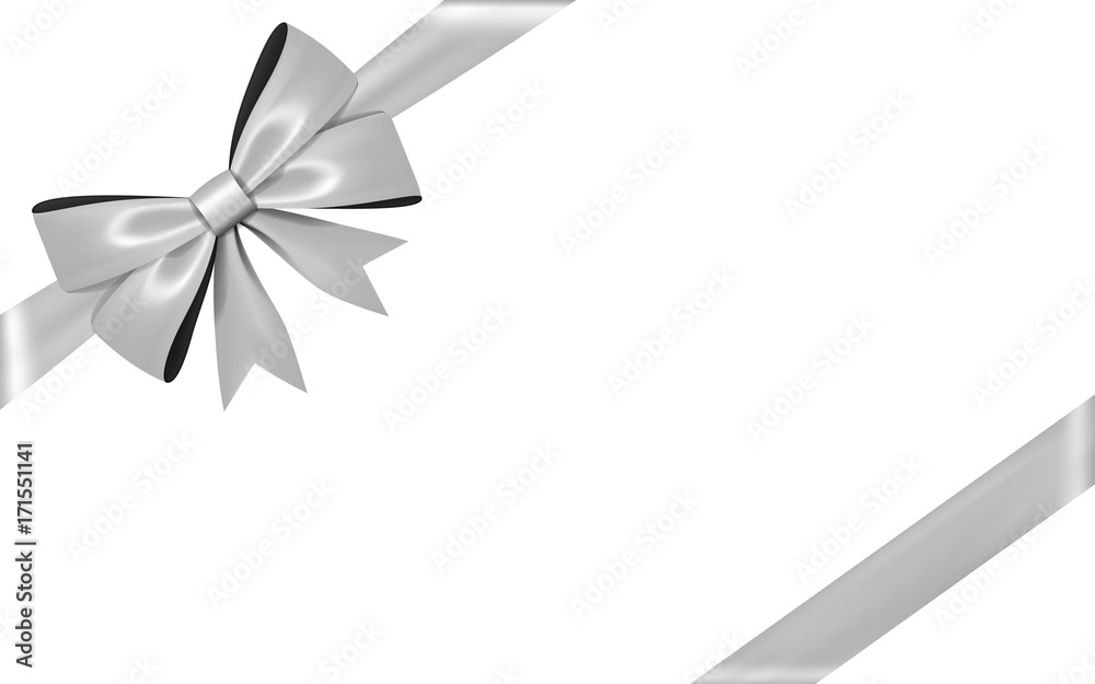 Silver gift bow ribbon. Bow tie isolated on white background. 3D shiny gift bow tie for Christmas present, holiday decoration, birthday, anniversary. Silk ribbon for invitation. Vector illustration Silver gift bow ribbon. Bow tie isolated on white background. 3D shiny gift bow tie for Christmas present, holiday decoration, birthday, anniversary. Silk ribbon for invitation. Vector illustration
