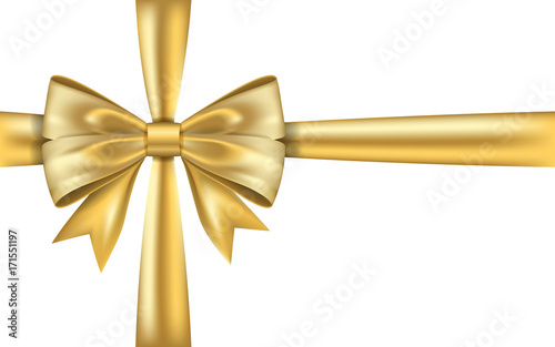 Gold gift bow ribbon. Golden bow tie isolated on white background. 3D shiny gift bow tie for Christmas present, holiday decoration, birthday. Silk ribbon for invitation Vector illustration