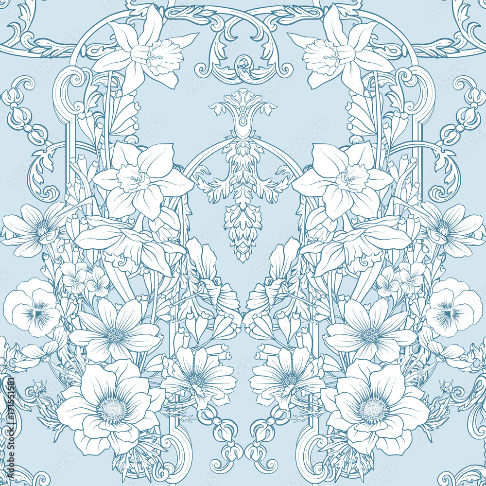 Seamless pattern with daffodils, anemones, violets 