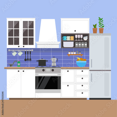 Cozy kitchen interior in french Provencal style. Flat style, vector graphic design template