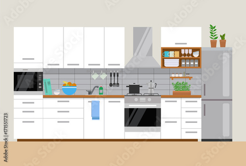 Modern cozy white  kitchen interior, flat style, vector graphic design template