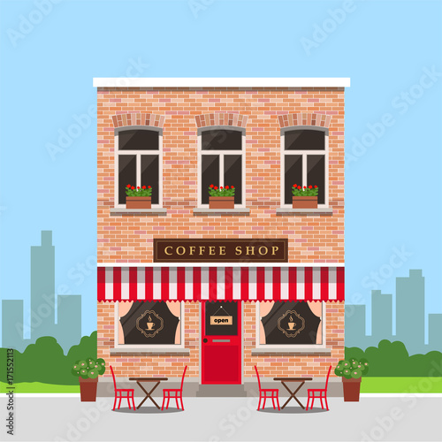 Coffee shop house with outside tables and city landscape, trendy flat style vector design template