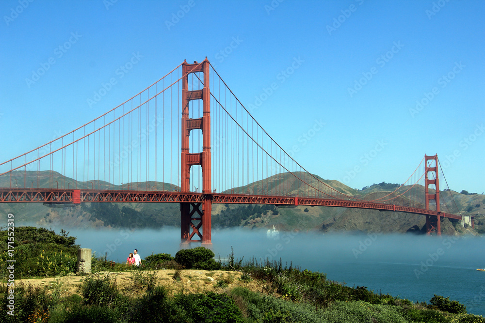 Classic panoramic view of famous Golden Gate Bridge in summer, San Francisco, California, USA