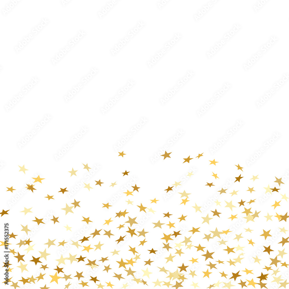 Gold stars falling confetti frame isolated on white background. Golden abstract shiny pattern Christmas, New Year holiday celebration, festive, party. Glitter explosion on floor Vector illustration