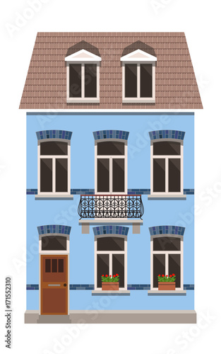 Modern European house with one entrance, mansard tile roof, architecture design template, vector illustration