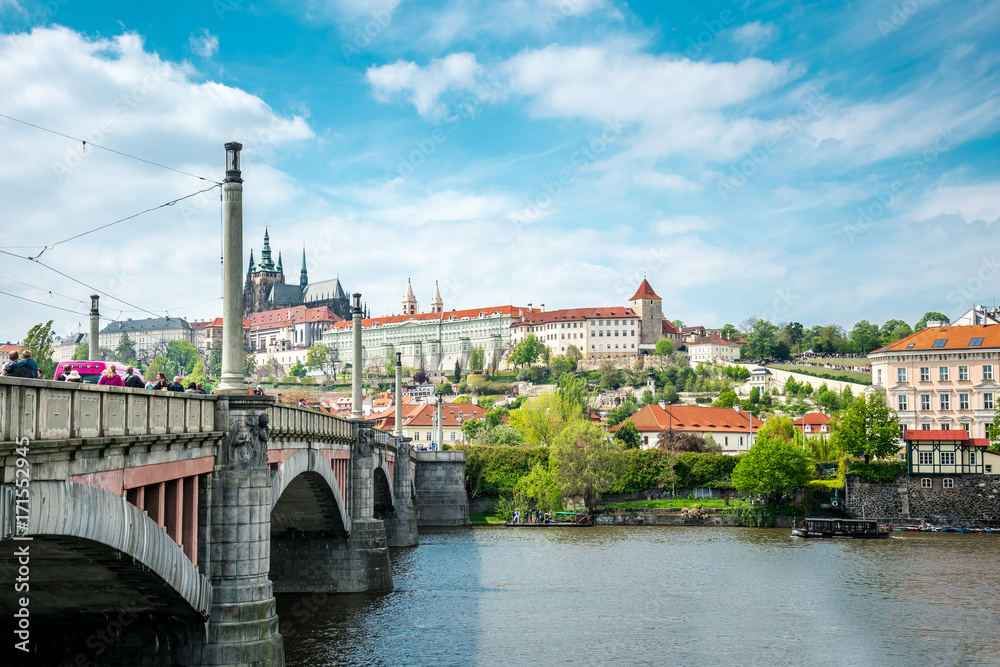 Transitional bridge across the Vltava River. Tourist attractions in Prague