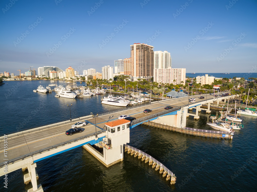 Drawbridge at Las Olas blvd in Fort Lauderdale, Florida USA. Aerial view.
