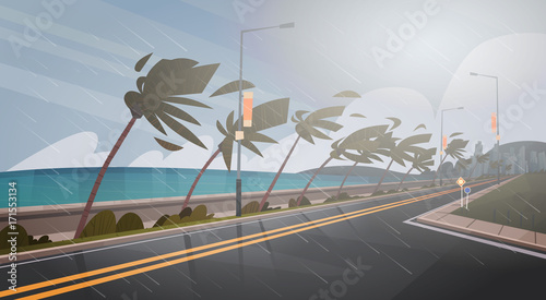 Tornado Incoming From Sea Hurricane In Ocean Huge Wind Over Palm Trees And Road Tropical Natural Disaster Concept Flat Vector Illustration