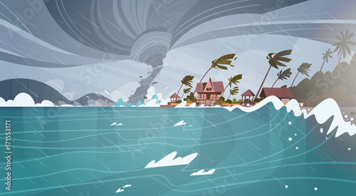 Tornado Incoming From Sea Hurricane In Ocean Huge Waves On Houses On Coast Tropical Natural Disaster Concept Flat Vector Illustration