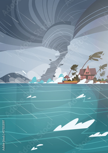Twister Tornado Incoming From Sea Hurricane In Ocean Huge Waves On Houses On Coast Tropical Natural Disaster Concept Flat Vector Illustration