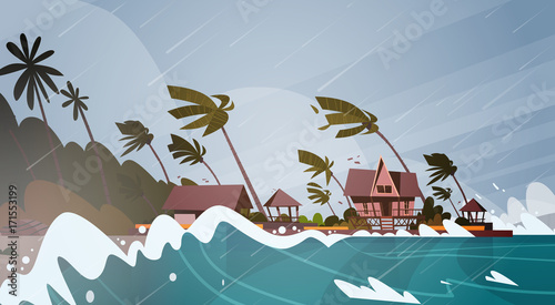 Tornado Incoming From Sea Hurricane In Ocean Huge Waves On Houses On Coast Tropical Natural Disaster Concept Flat Vector Illustration