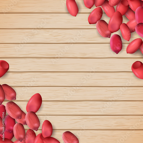 Arachis or peanuts background with red scattered nuts and beans
