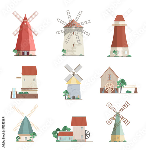 Fotografia, Obraz Set of colorful windmills and watermills of different types - smock, tower, post mills isolated on white background