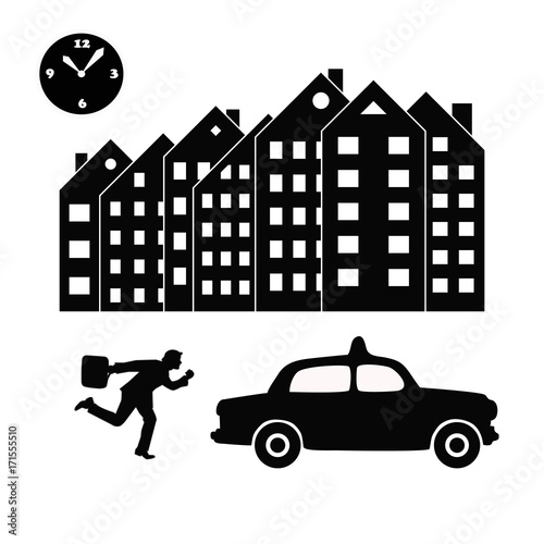 vector illustration of a businessman or an office worker ina suit trying to catch a taxi in a hurry. Black and white silhouettes. Concept of lateness