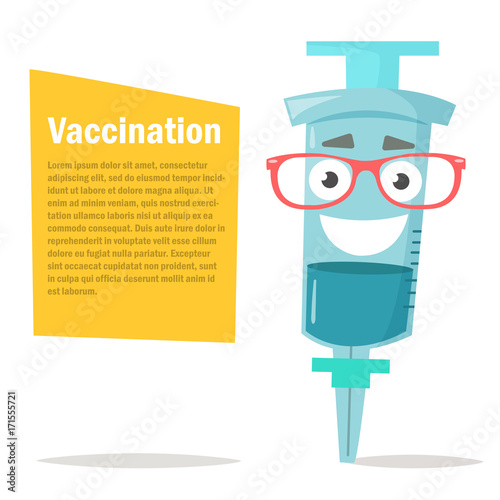Illustration of a syringe. Glasses,