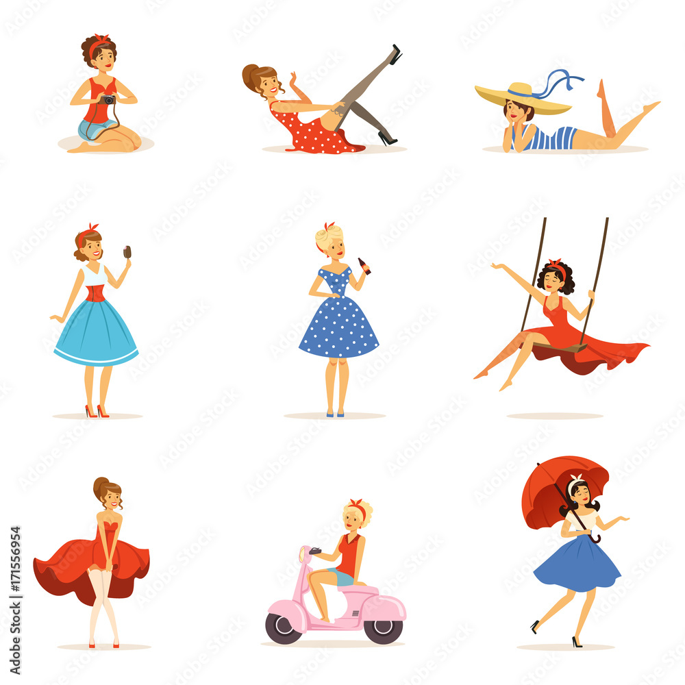 Beautiful retro girls characters set, young women wearing dresses in retro style colorful vector Illustrations