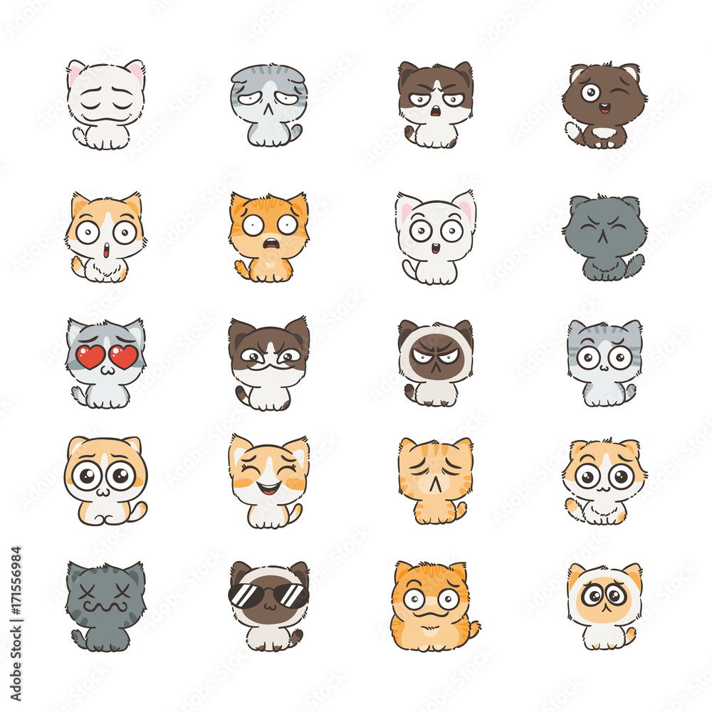 Cute cartoon cats and dogs with different emotions. Sticker collection.