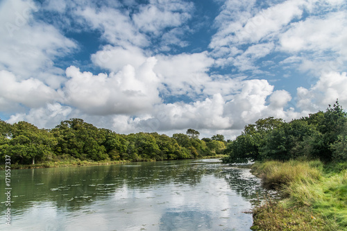 creek surrounded by woodland, tranquil peaceful setting, clouds reflected in water, time for thought
