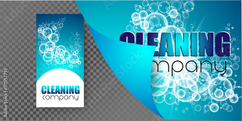 template design corporate identity cleaning company. Realistic bubbles knocked into the foam. Vector illustration