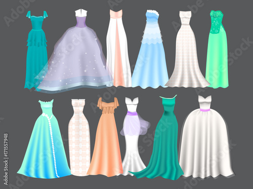 Set of 12 festive and prom dresses for girls. Princess style