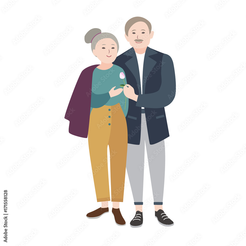 Smiling old man standing beside elderly woman, warmly embracing her and giving flower. Romantic senior couple. Beautiful flat cartoon characters isolated on white background. Vector illustration. Smiling old man standing beside elderly woman, warmly embracing her and giving flower. Romantic senior couple. Beautiful flat cartoon characters isolated on white background. Vector illustration.
