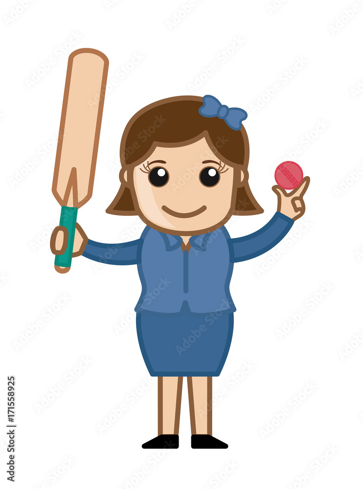 Young Cartoon Girl Holding Bat and Ball Young Cartoon Girl Holding Bat and Ball