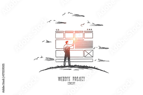 Website project concept. Hand drawn man developing website. Web programming isolated vector illustration.