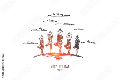Yoga retreat concept. Hand drawn people doing yoga exercises outdoor. People practicing yoga isolated vector illustration.