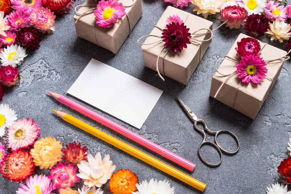 Fototapeta premium Craft supplies and business card for florist