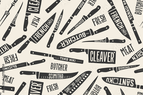 Seamless pattern and background of meat cutting butcher knives. Creative graphic pattern with hand drawn illustrations for butcher shop, farmer market. Vintage typographic. Vector illustration