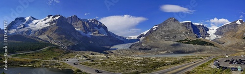 Panoramic view of Columbia Icefield in Jasper National Park, Rocky Mountains, Alberta, Canada.