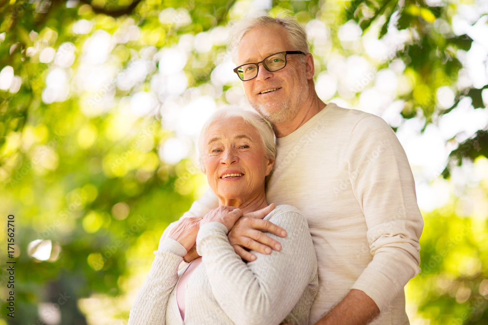 happy senior couple hugging at summer park happy senior couple hugging at summer park