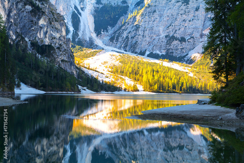 Braies lake in the background of Seekofel mountain ( Pragser Wildsee )