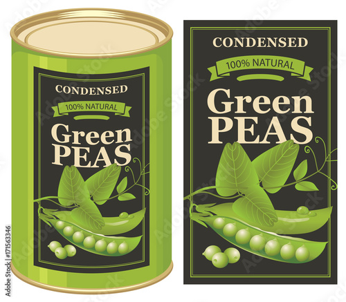 Vector illustration of tin can with a label for canned green peas with the realistic image of pea pods, tendrils and leaves and calligraphic inscription