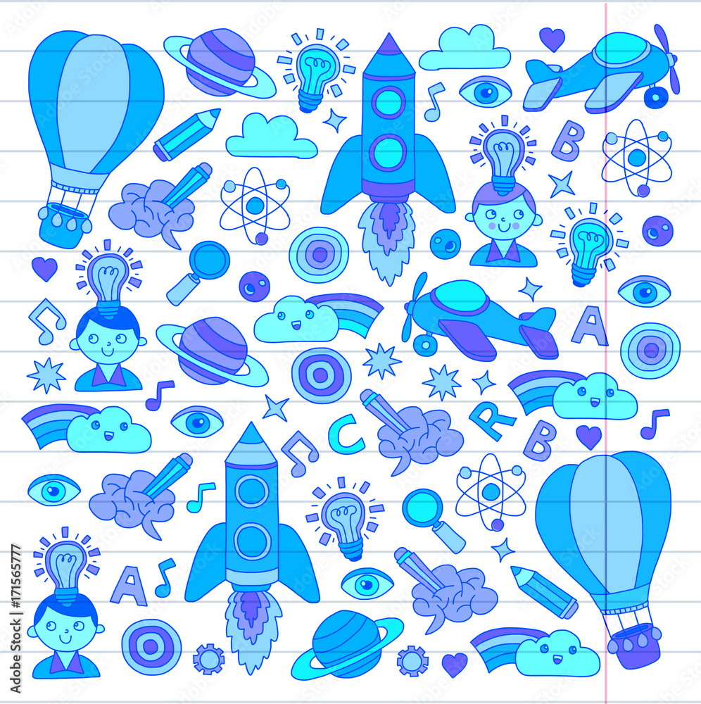 Vector set of doodle icons on following themes - creativity and inspiration, idea and imagination, innovation and discovery, think outside the box
